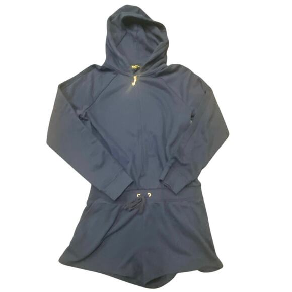 Juicy Couture Black Label Navy Hooded Romper Size M Zip Up Logo Loungewear - Picture 2 of 4